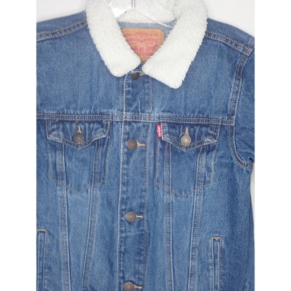 LEVI’S Youth Kid Size Medium 10-12 Sherpa Lined Trucker Denim Jacket Vintage - Picture 2 of 5
